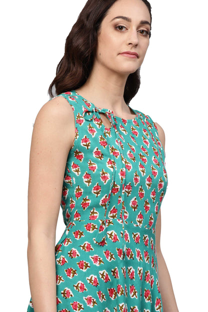 Women's Green Rayon Printed Sleeveless Round Neck Dress