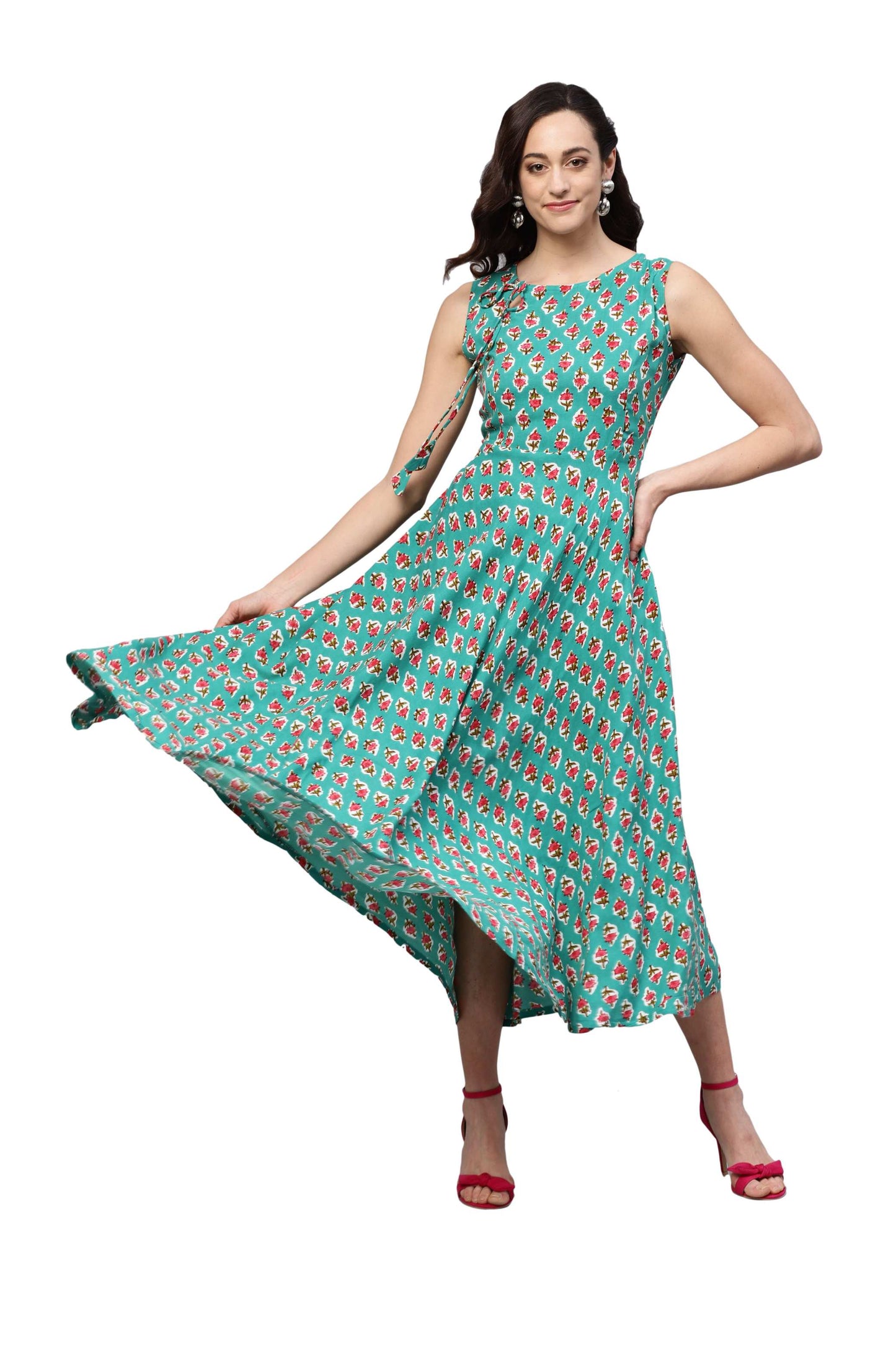 Women's Green Rayon Printed Sleeveless Round Neck Dress