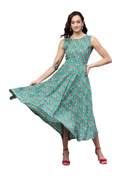 Women's Green Rayon Printed Sleeveless Round Neck Dress
