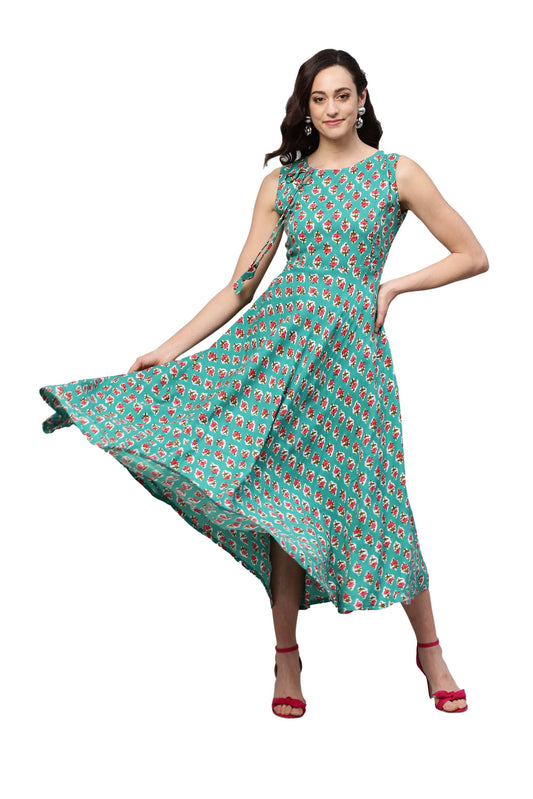 Women's Green Rayon Printed Sleeveless Round Neck Dress
