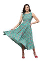 Women's Green Rayon Printed Sleeveless Round Neck Dress