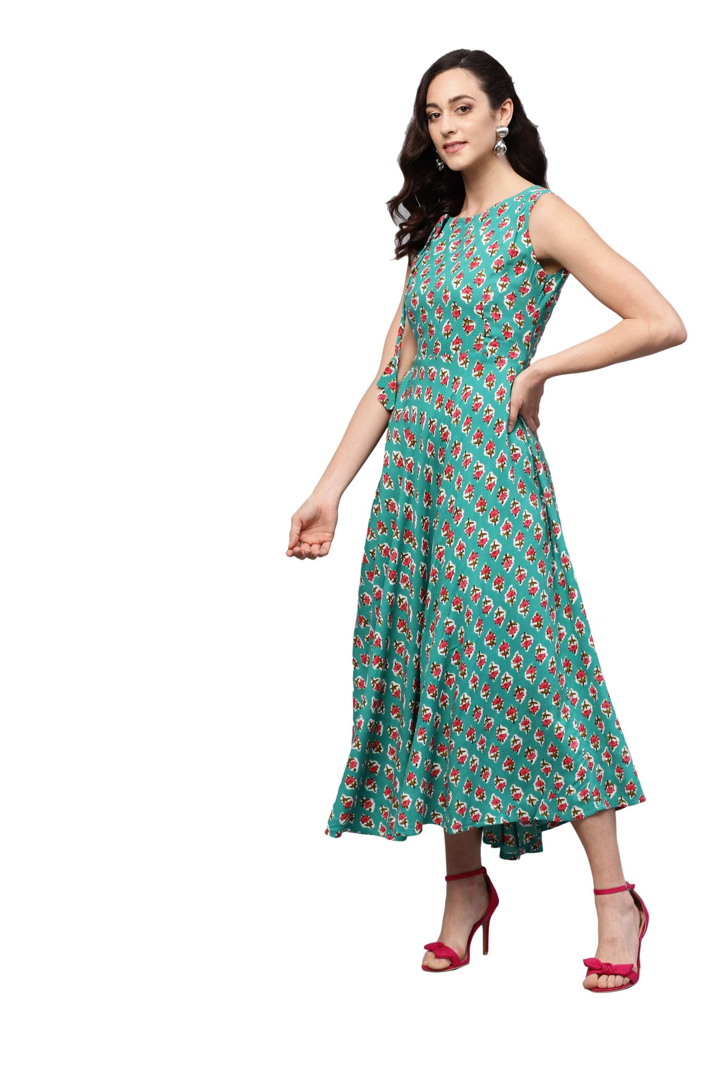 Women's Green Rayon Printed Sleeveless Round Neck Dress