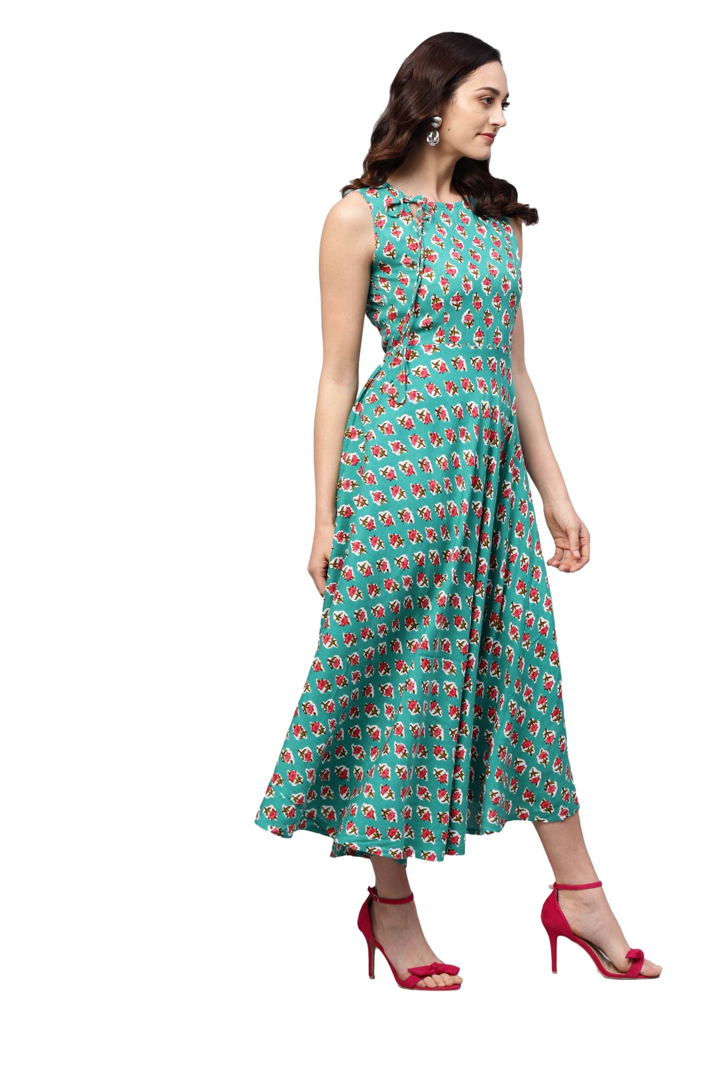 Women's Green Rayon Printed Sleeveless Round Neck Dress