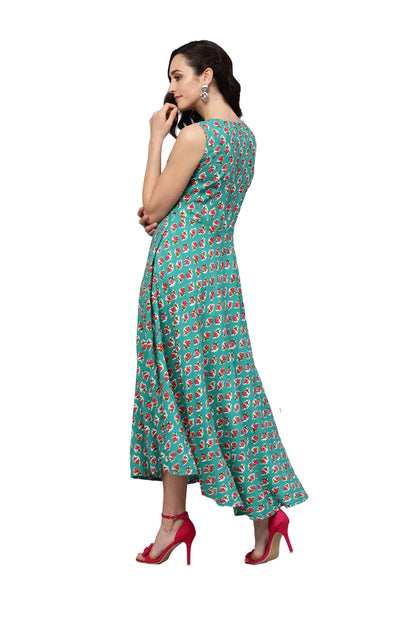 Women's Green Rayon Printed Sleeveless Round Neck Dress