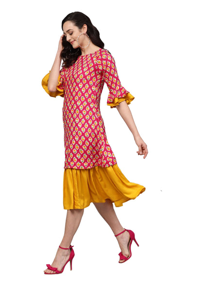Women's Pink Rayon Printed 3/4 Sleeve Round Neck Dress