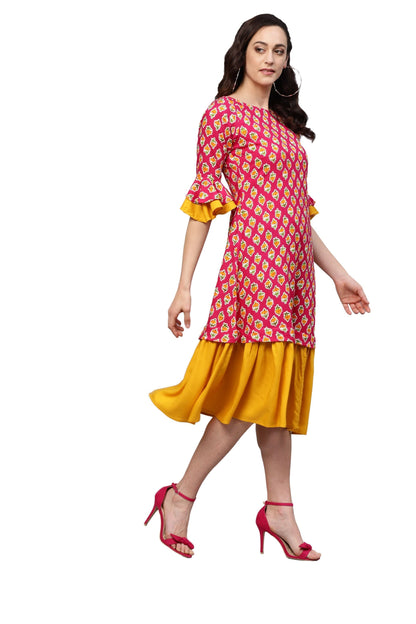 Women's Pink Rayon Printed 3/4 Sleeve Round Neck Dress