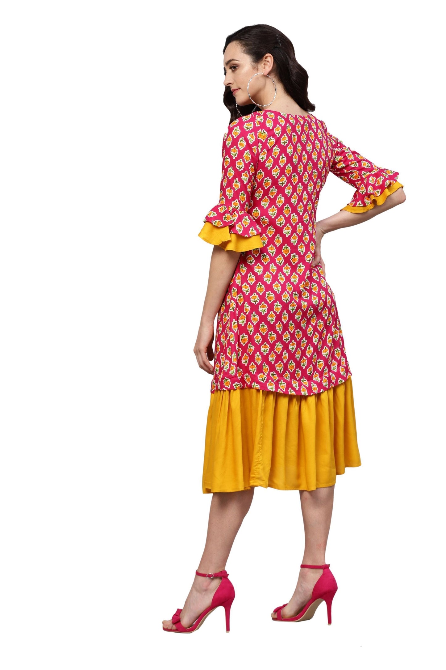 Women's Pink Rayon Printed 3/4 Sleeve Round Neck Dress