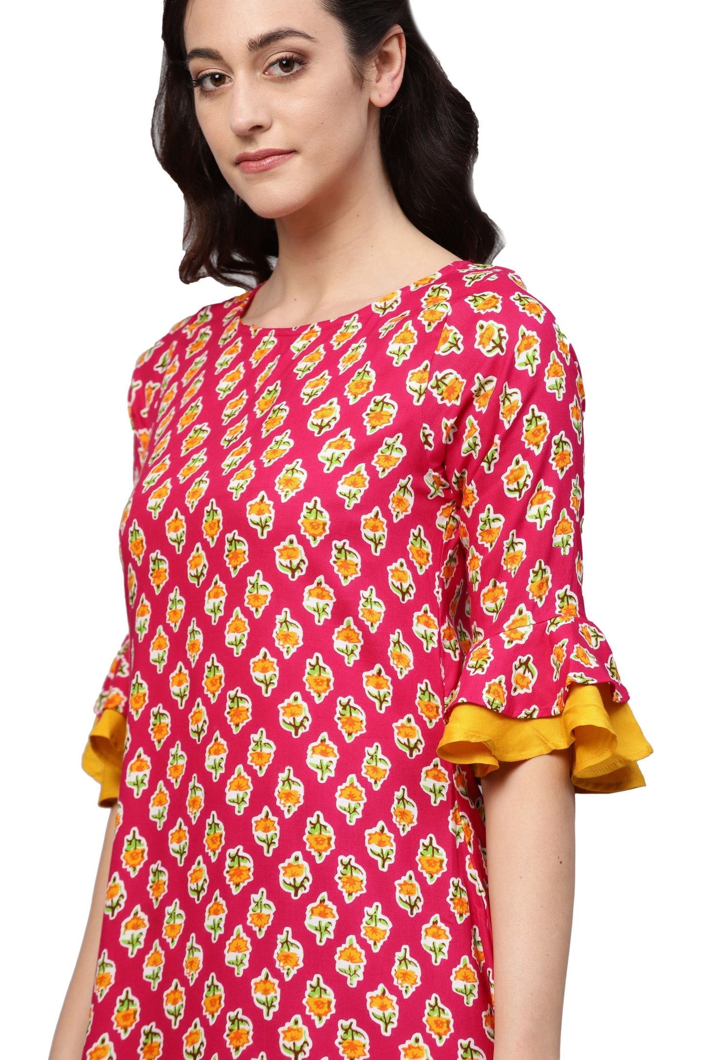 Women's Pink Rayon Printed 3/4 Sleeve Round Neck Dress