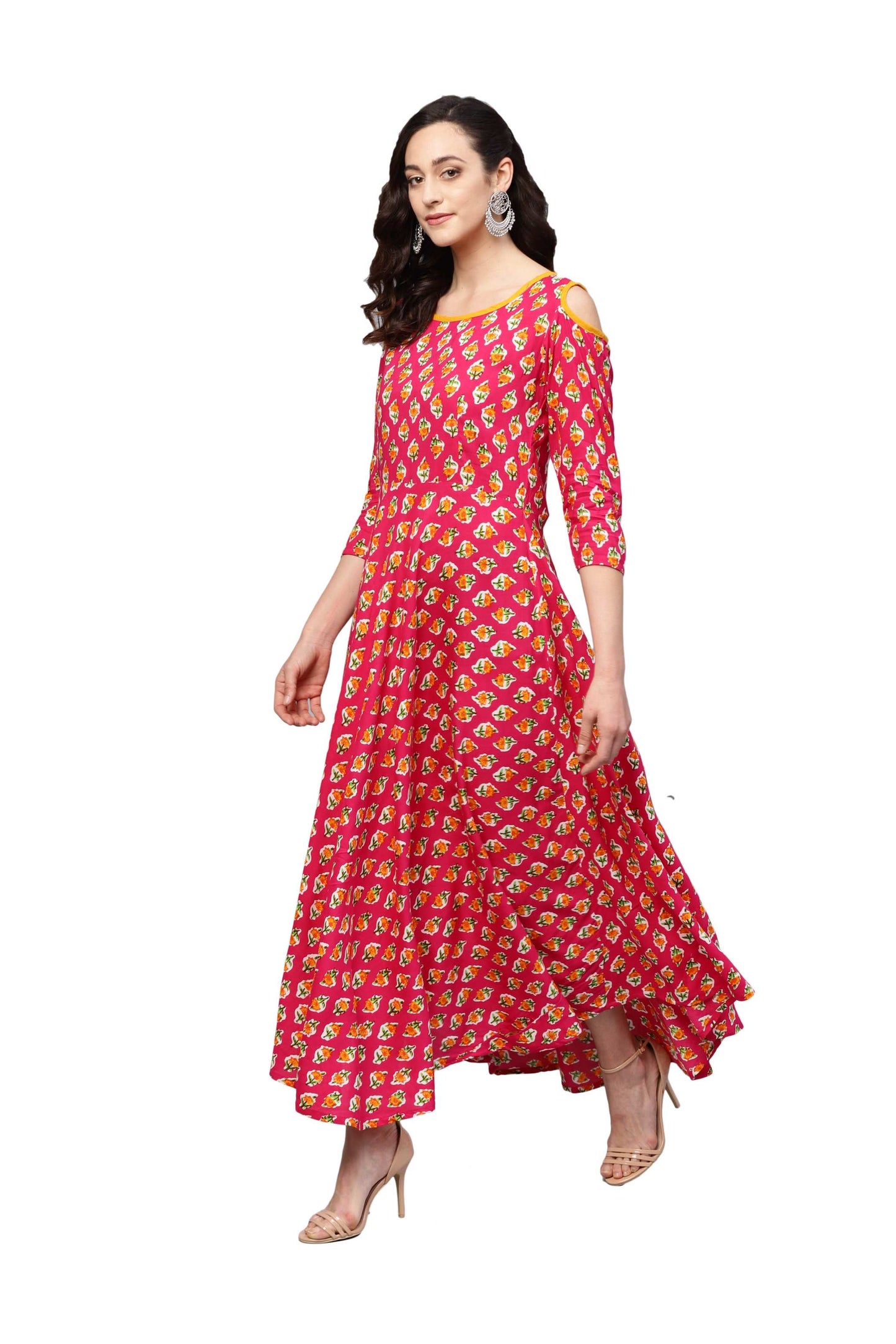 Women's Red Rayon Printed 3/4 Sleeve Round Neck Dress