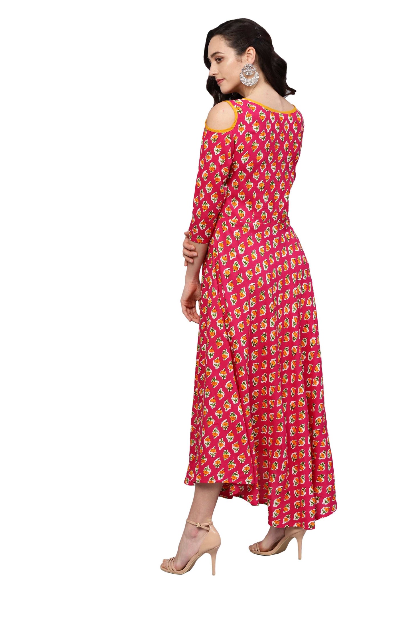 Women's Red Rayon Printed 3/4 Sleeve Round Neck Dress