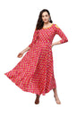 Women's Red Rayon Printed 3/4 Sleeve Round Neck Dress