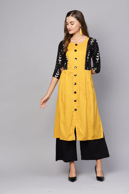 Women's Yellow Rayon Solid 3/4 Sleeve Round Neck Casual Kurta Only