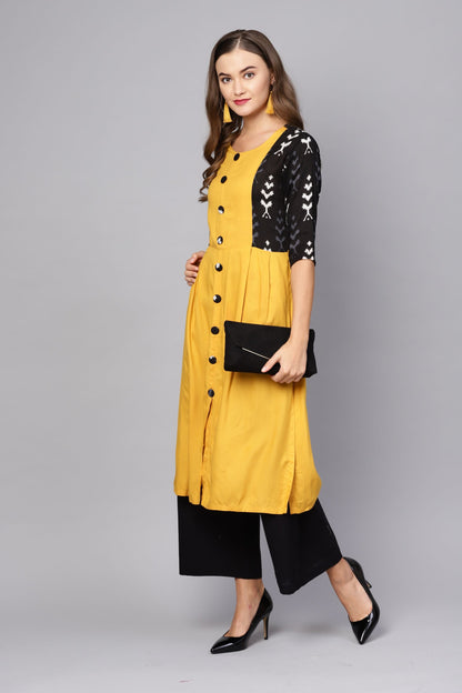 Women's Yellow Rayon Solid 3/4 Sleeve Round Neck Casual Kurta Only
