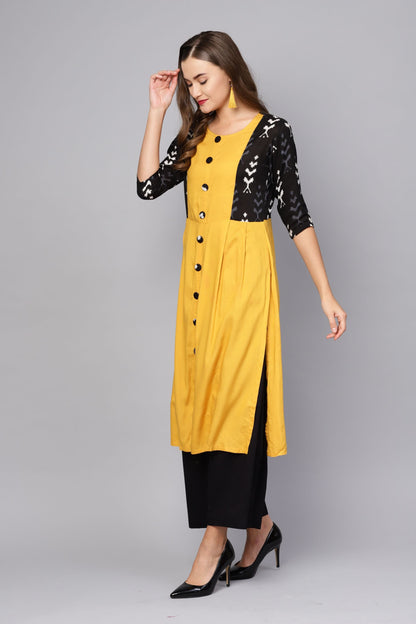 Women's Yellow Rayon Solid 3/4 Sleeve Round Neck Casual Kurta Only