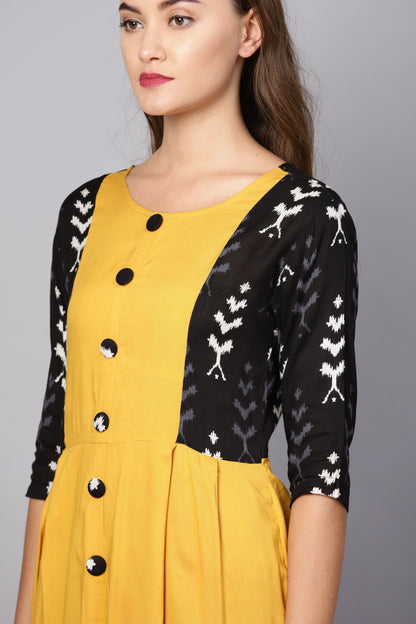 Women's Yellow Rayon Solid 3/4 Sleeve Round Neck Casual Kurta Only
