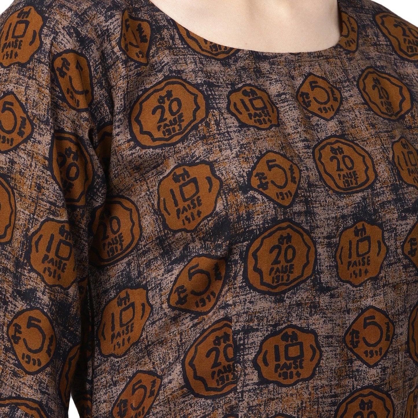 Women's Brown Rayon Printed 3/4 Sleeve Round Neck Casual Kurta Only