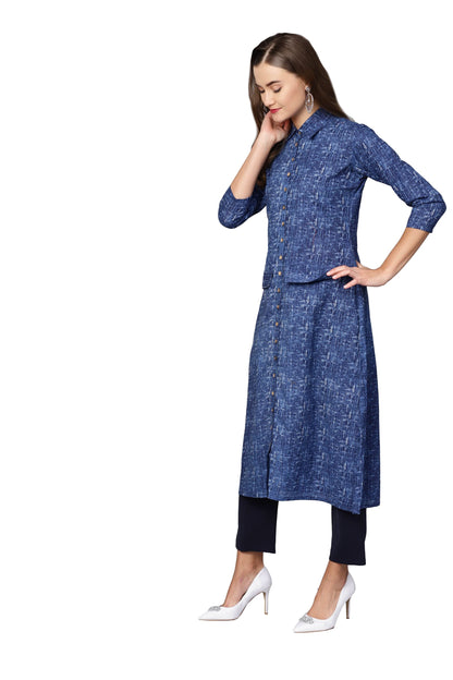 Women's Dark Blue Cotton Printed 3/4 Sleeve Collared Neck Casual Kurta Only
