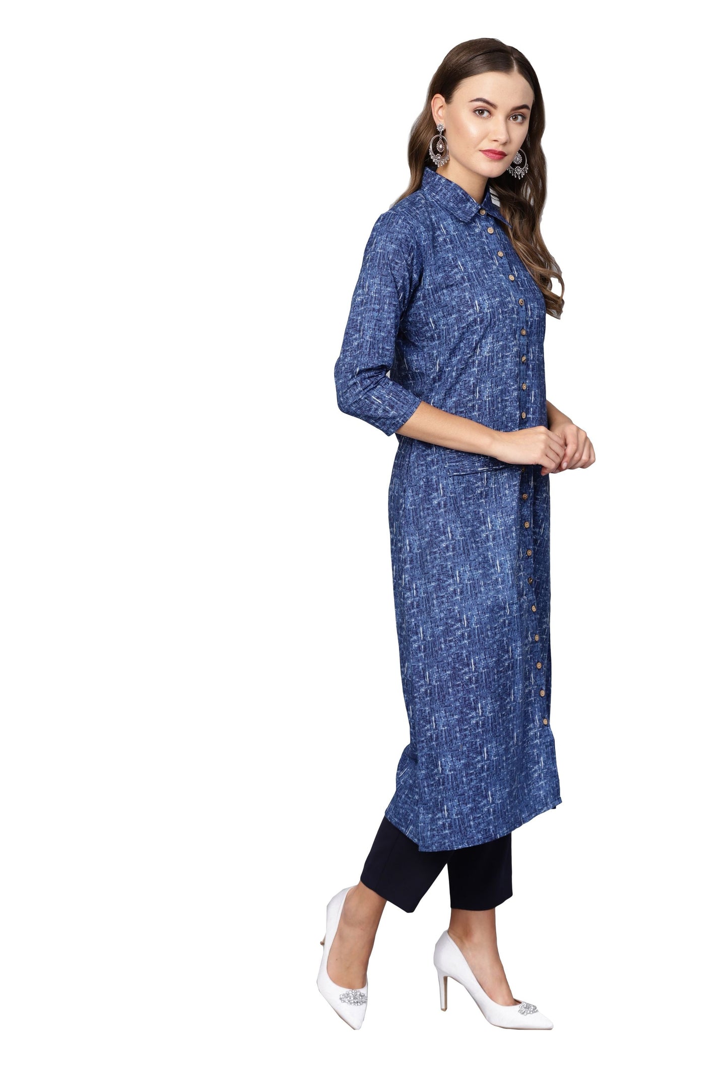 Women's Dark Blue Cotton Printed 3/4 Sleeve Collared Neck Casual Kurta Only