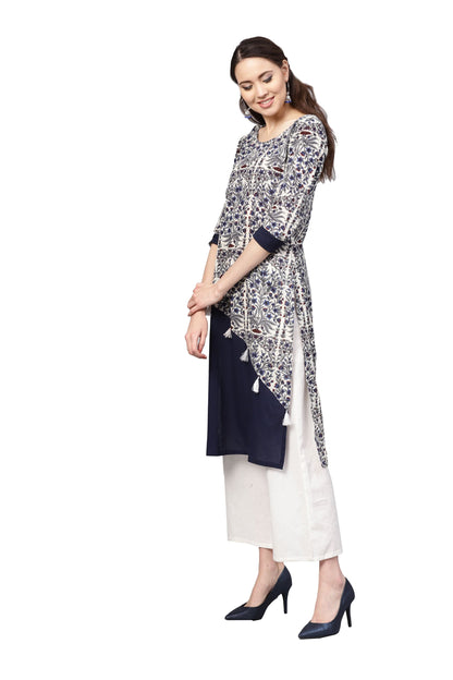 Women's Grey Cotton Printed 3/4 Sleeve Round Neck Casual Kurta Only
