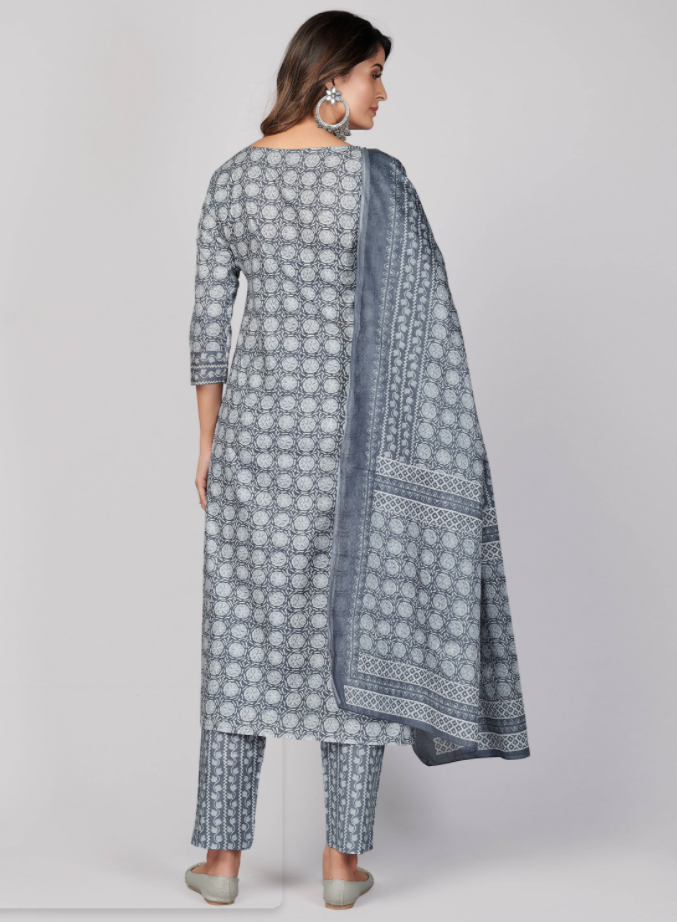 Women's Printed & Embellished & Mirror Work Straight Cotton Grey Stitched Kurta Pant With Dupatta (3Pcs Set)