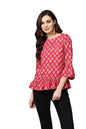 Women's Pink Printed 3/4 Sleeve Round Neck Viscose Rayon Casual Top