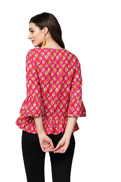Women's Pink Printed 3/4 Sleeve Round Neck Viscose Rayon Casual Top