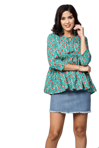 Women's Green Printed 3/4 Sleeve Round Neck Viscose Rayon Casual Top