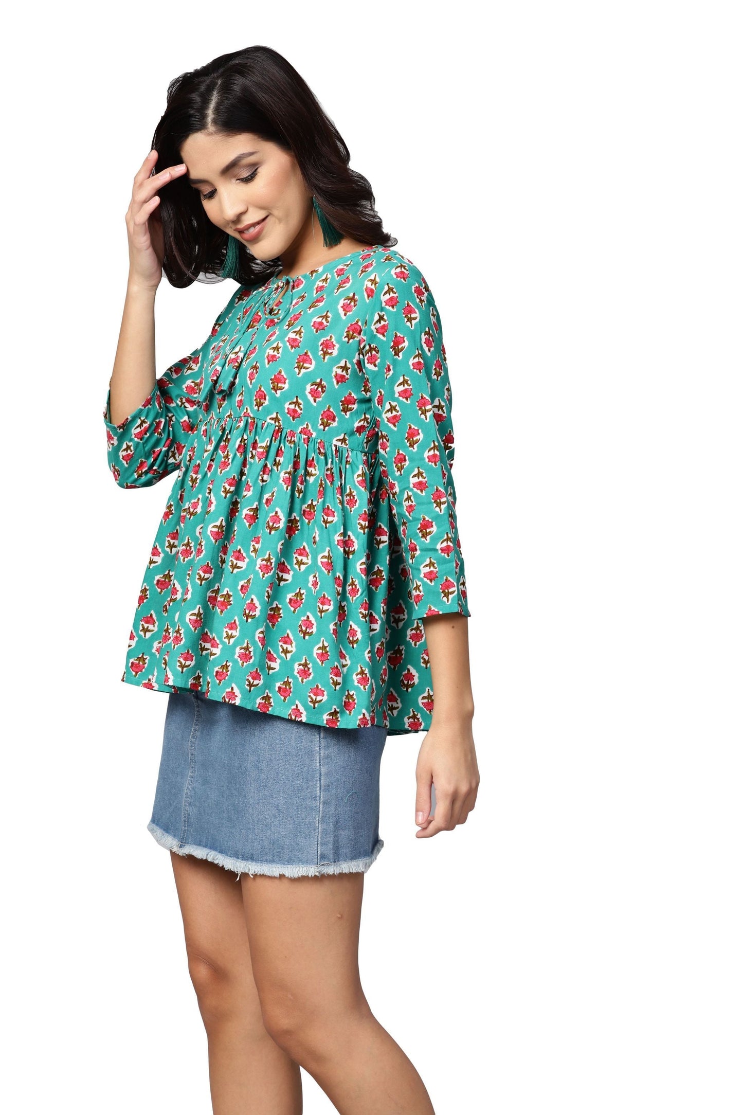 Women's Green Printed 3/4 Sleeve Round Neck Viscose Rayon Casual Top