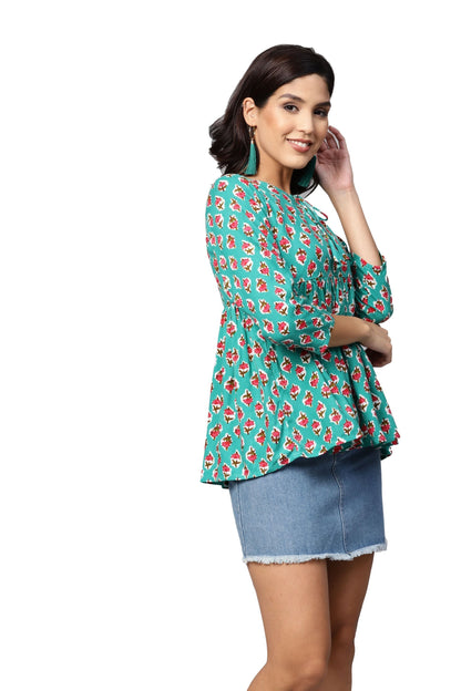 Women's Green Printed 3/4 Sleeve Round Neck Viscose Rayon Casual Top