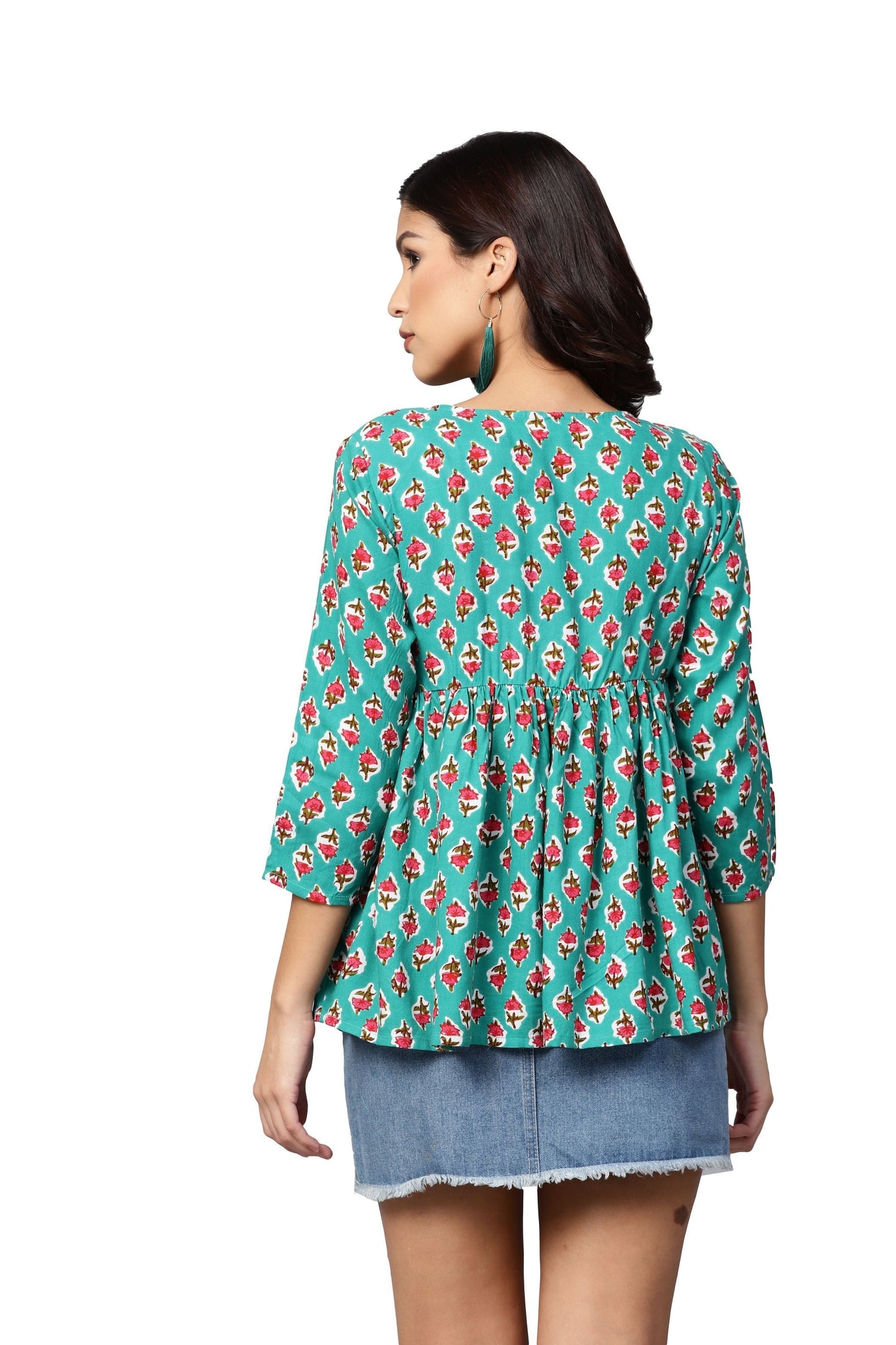Women's Green Printed 3/4 Sleeve Round Neck Viscose Rayon Casual Top