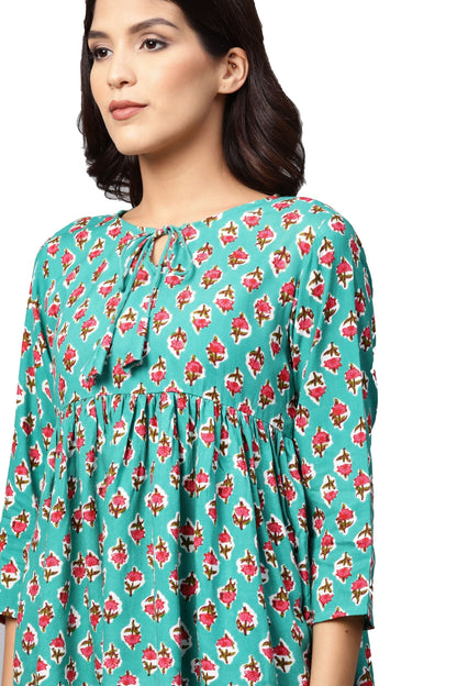 Women's Green Printed 3/4 Sleeve Round Neck Viscose Rayon Casual Top