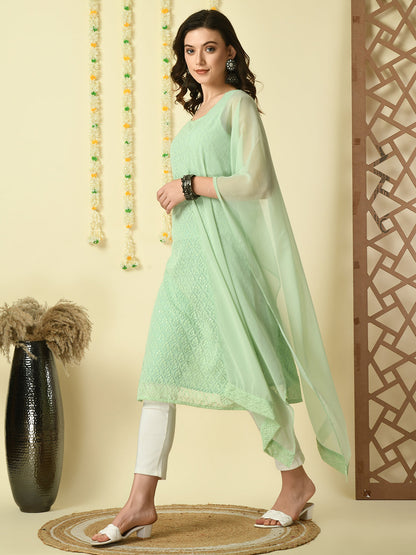Green Georgette Sleeveless Straight Party  Kurta With Dupatta Set