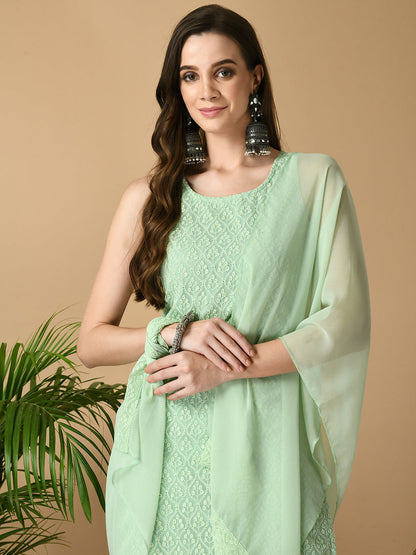 Green Georgette Sleeveless Straight Party  Kurta With Dupatta Set