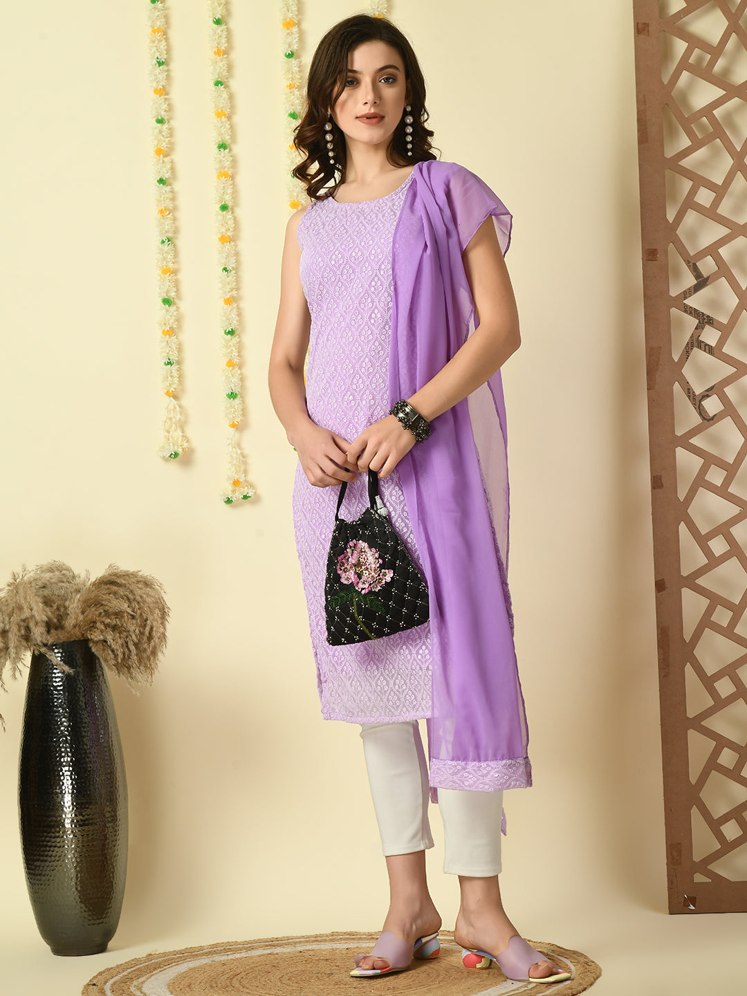 Lavender Georgette Sleeveless Straight Party  Kurta With Dupatta Set