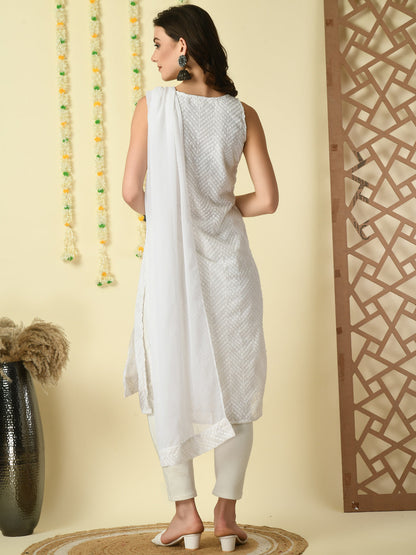 White Georgette Sleeveless Straight Party  Kurta With Dupatta Set