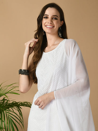 White Georgette Sleeveless Straight Party  Kurta With Dupatta Set