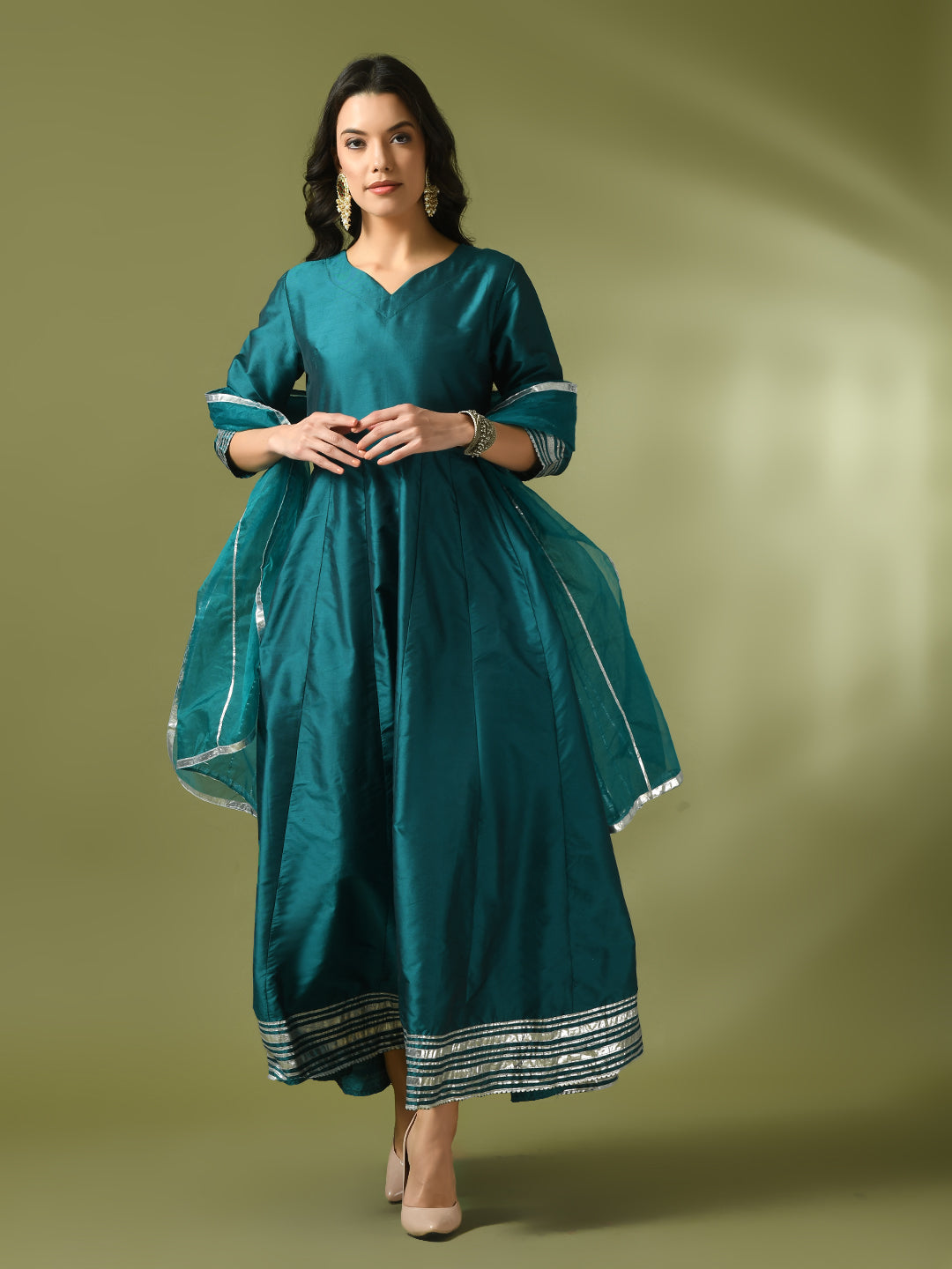 Women's  Teal Solid Silk Anarkali Party Kurta With Dupatta