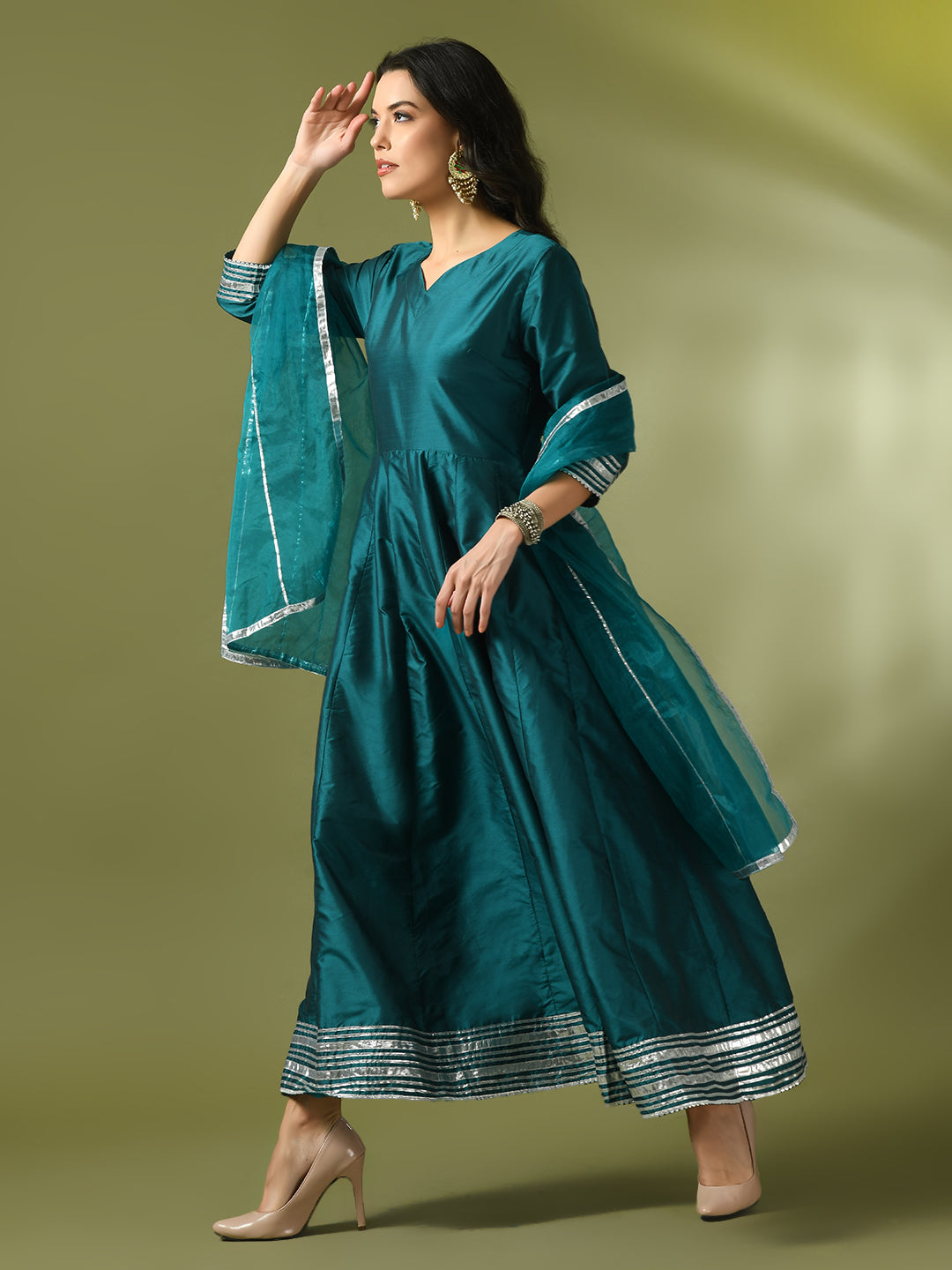Women's  Teal Solid Silk Anarkali Party Kurta With Dupatta