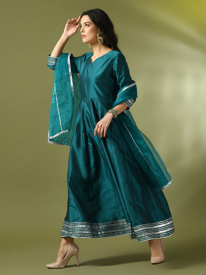 Women's  Teal Solid Silk Anarkali Party Kurta With Dupatta