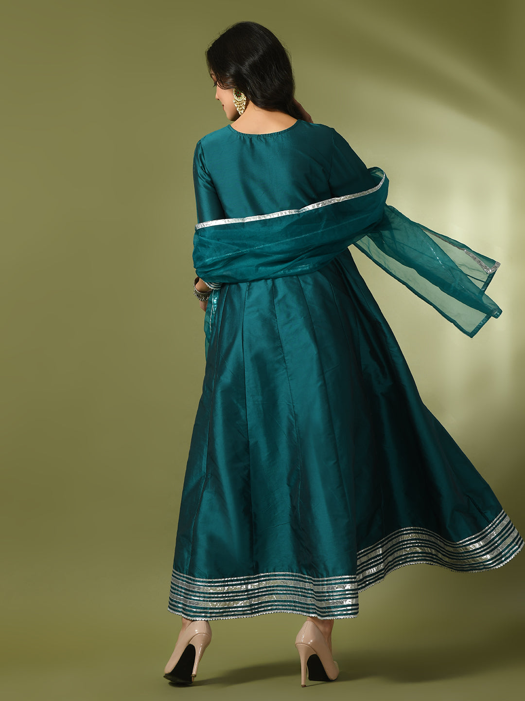 Women's  Teal Solid Silk Anarkali Party Kurta With Dupatta