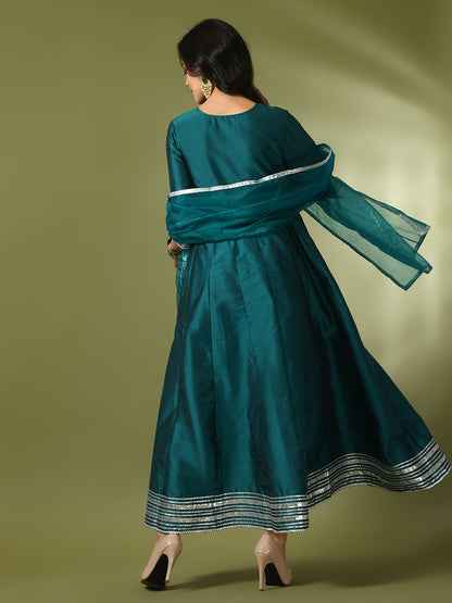 Women's  Teal Solid Silk Anarkali Party Kurta With Dupatta