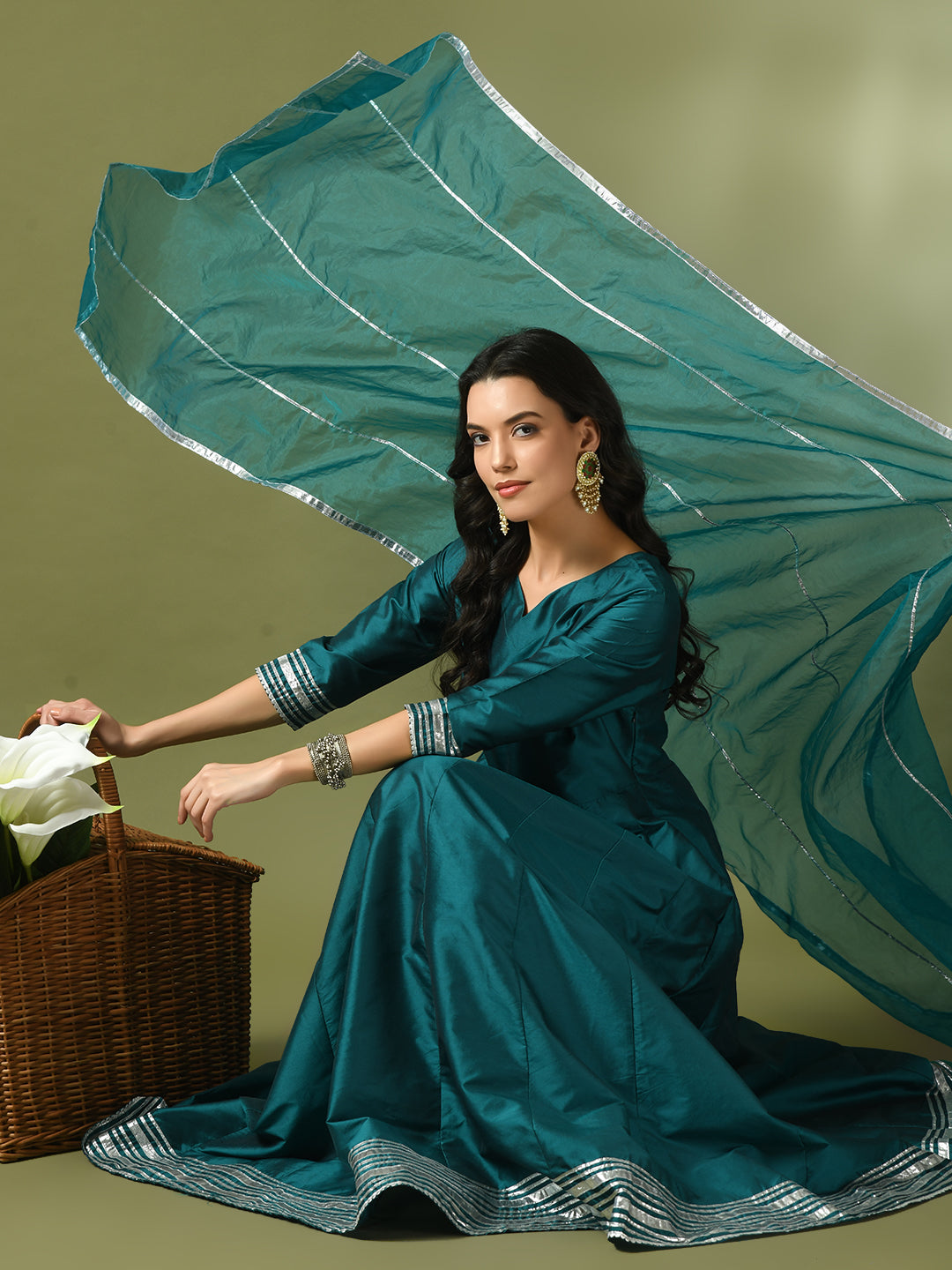 Women's  Teal Solid Silk Anarkali Party Kurta With Dupatta