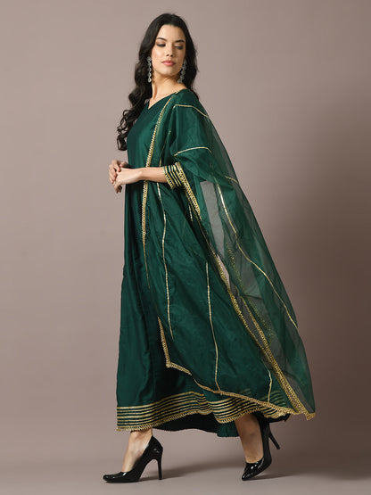 Women's  Green Solid Silk Anarkali Party Kurta With Dupatta