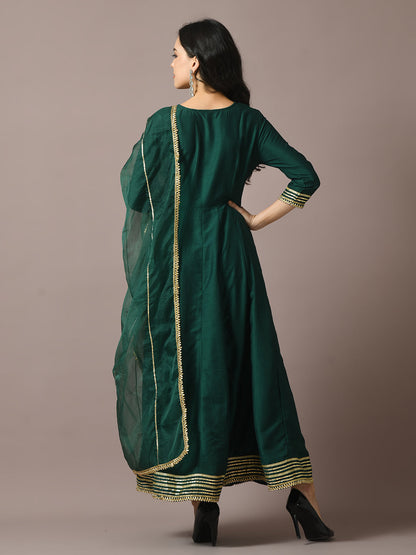Women's  Green Solid Silk Anarkali Party Kurta With Dupatta