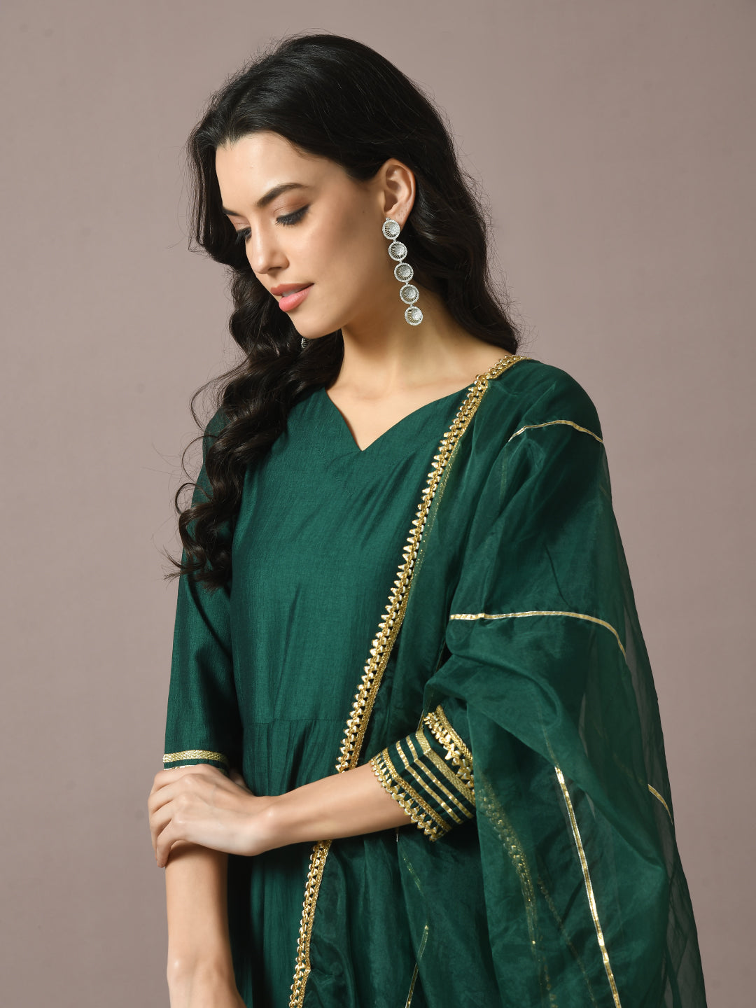 Women's  Green Solid Silk Anarkali Party Kurta With Dupatta