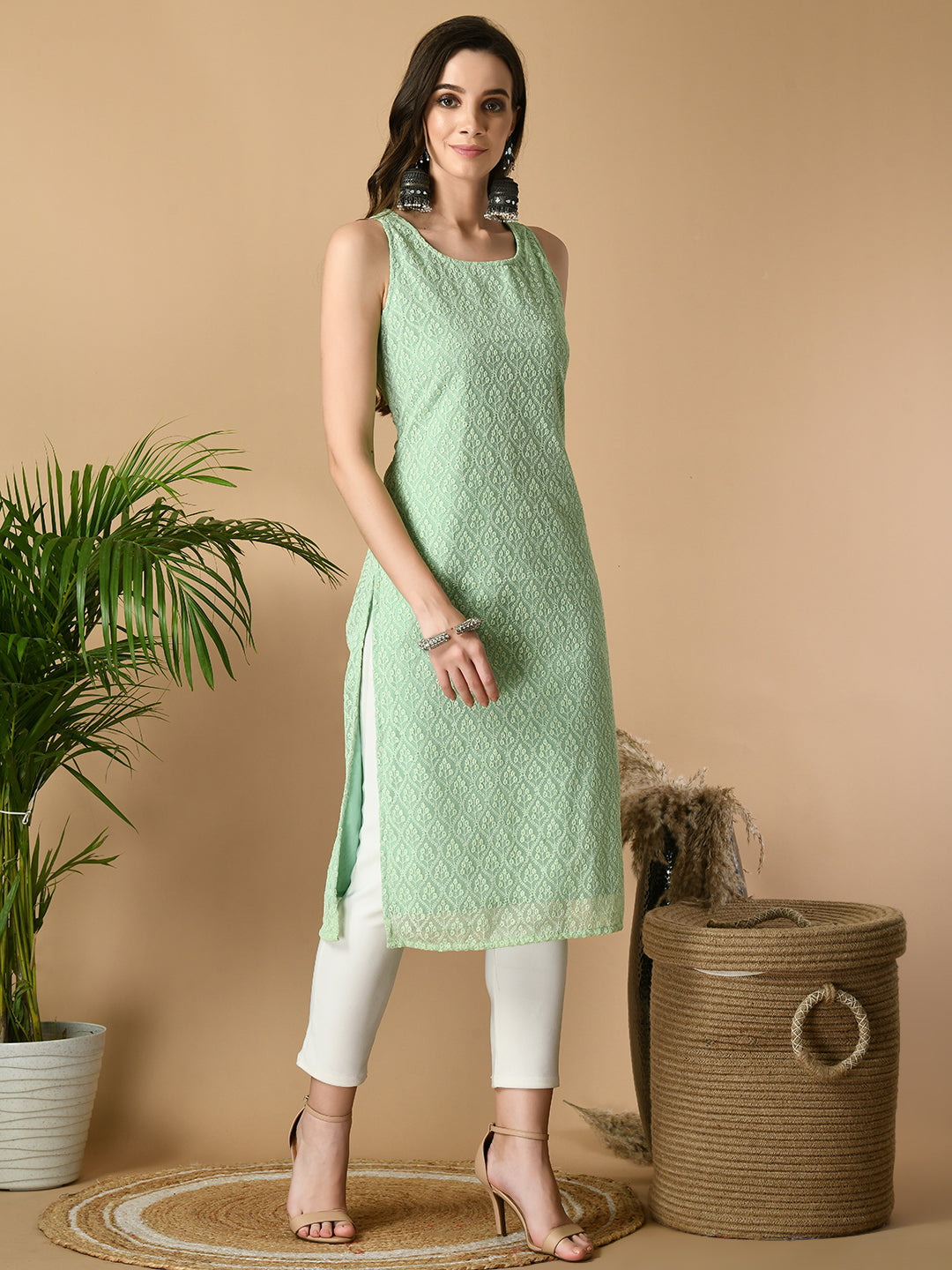 Green Georgette Sleeveless Straight Party  Kurta