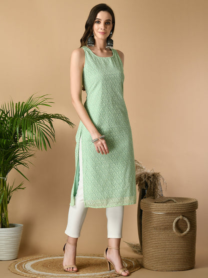 Green Georgette Sleeveless Straight Party  Kurta