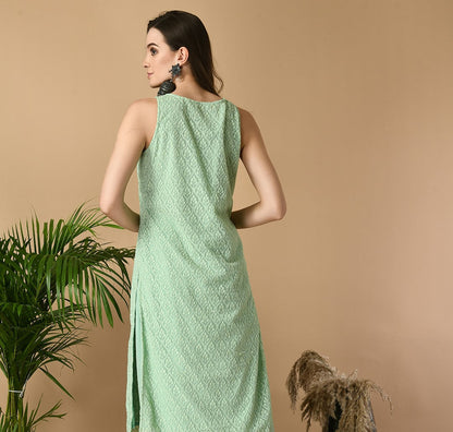 Green Georgette Sleeveless Straight Party  Kurta