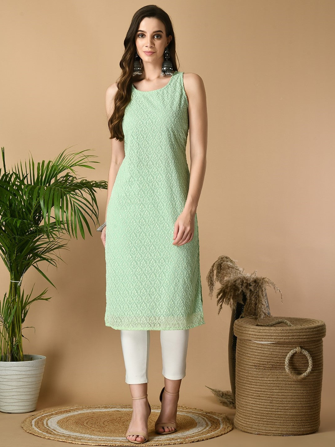 Green Georgette Sleeveless Straight Party  Kurta