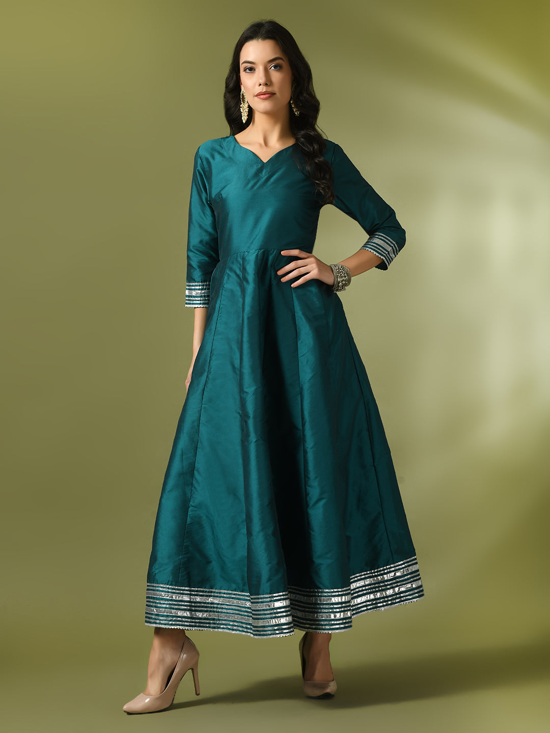 Women's  Teal Solid Silk Anarkali Party Kurta